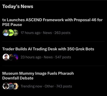 A 'Today's News' feed showing headlines about tx launching ASCEND Framework for PSE Pause, a Trader building an AI Trading Desk with 350 Grok Bots, and a Museum Mummy image fueling Pharaoh Downfall Debate.