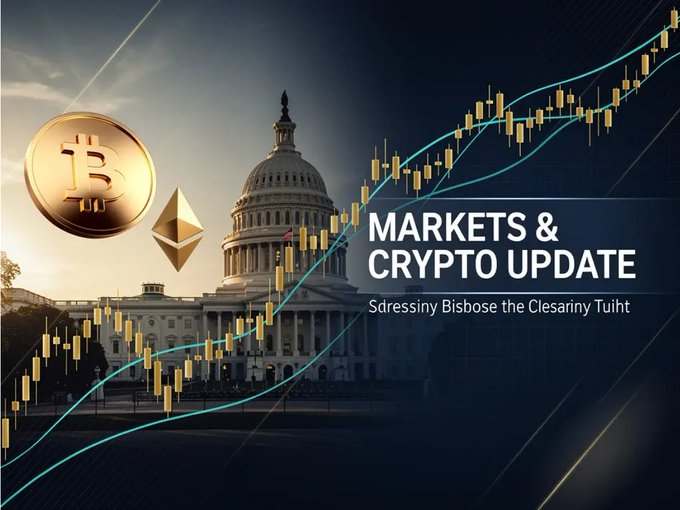 A "MARKETS & CRYPTO UPDATE" graphic features the U.S. Capitol building, large Bitcoin and Ethereum coin icons, and a candlestick chart trending upward against a cloudy sky.