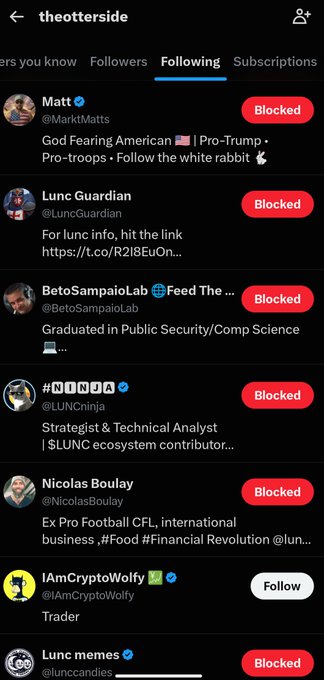 A mobile screenshot of a social media profile's 'Following' list for user 'theotterside', showing several accounts marked as 'Blocked' and one marked as 'Follow' (IAmCryptoWolfy).