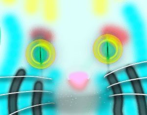 A close-up image of a white cat's face with striking green and yellow eyes, a pink nose, and white whiskers visible against a bright, stylized background.