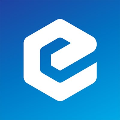 A blue gradient background featuring a white stylized 'e' logo inside a hexagon shape.