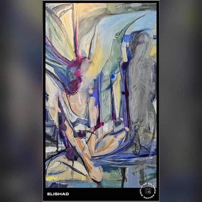 An abstract painting with bold brushstrokes in blue, purple, yellow, and gray tones, displayed as a poster with 'ELISHAD' branding and a 'CODE ON' logo at the bottom.