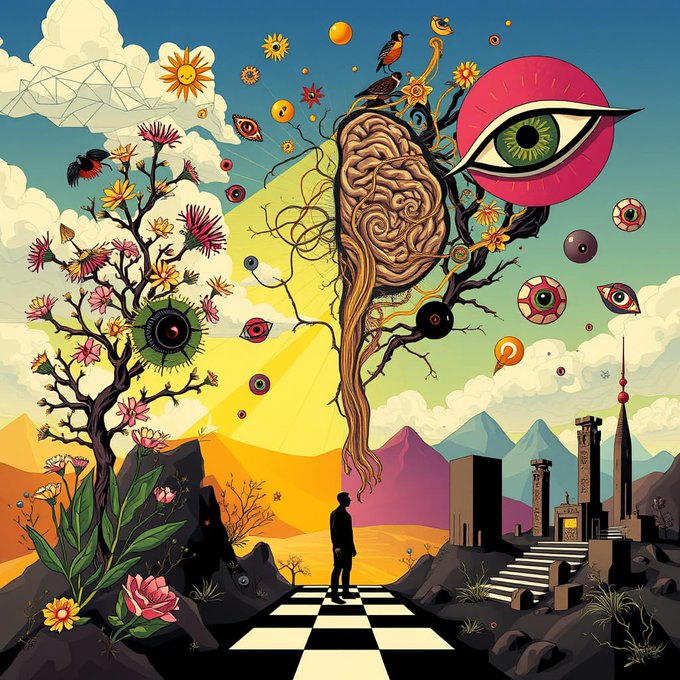 A surreal digital artwork depicting a person standing on a black-and-white checkered path, facing a large brain-like tree structure, an eye, and various flowers against a colorful sky.