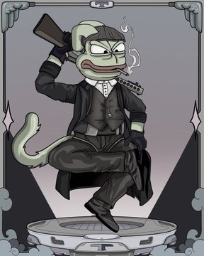The image features a cartoon character dressed in a suit, holding a gun and smoking a cigarette while sitting on a pedestal or platform. The character appears to be a frog with a mustache, giving off an evil vibe. The background of the image is black, which contrasts with the white pedestal where the character is seated. The post includes text that reads "got 5 GTD & 25 FCFS @PEPE_CARDS spot to giveaway on this post".