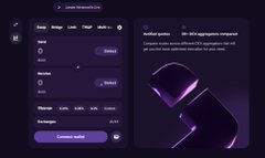 A dark-themed user interface with purple accents, displaying form fields, input boxes, and a 'Connect wallet' button alongside a 3D purple abstract graphic.