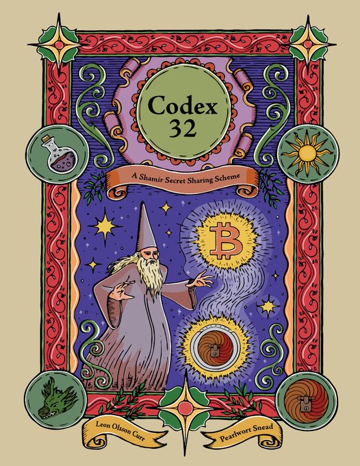 An illustrated cover titled 'Codex 32: A Shamir Secret Sharing Scheme' featuring a wizard, a Bitcoin symbol, and banners reading 'Lean Onion Core' and 'Pearlwort Snead'.