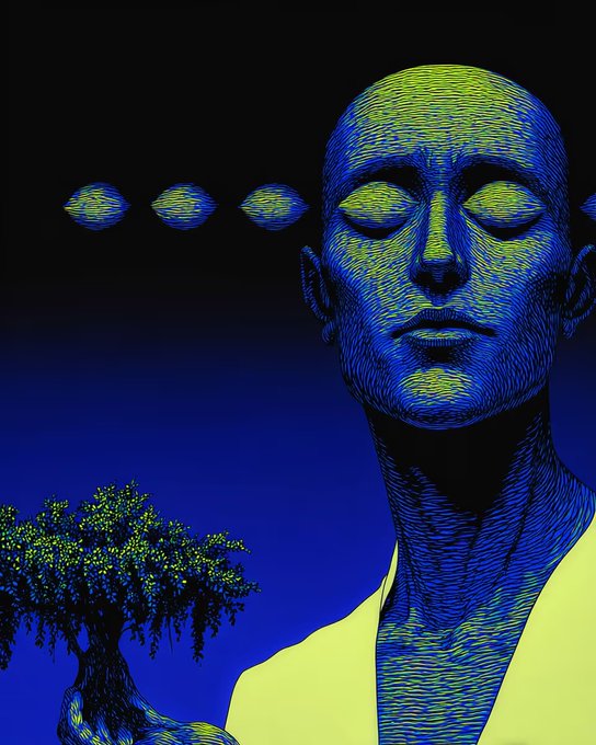 A stylized illustration of a blue-skinned, bald humanoid figure with closed eyes, yellow-green accents on their face, wearing a yellow garment, with a tree and floating oval shapes in the background.