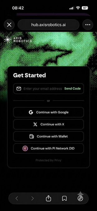 The image shows a mobile web browser displaying the "Get Started" sign-in page for hub.axisrobotics.ai, the Axis Robotics platform. It offers multiple login options including email, Google, X, wallet, and notably "Continue with Pi Network DID"—aligning with the post's theme of Pi Network's investment in Axis Robotics.