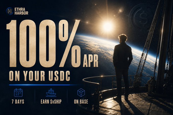 An advertisement for Ethra Harbor offers '100% APR ON YOUR USDC' for 7 days, showing a figure looking at Earth from a ship's deck.