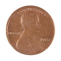 The image shows an old, weathered copper penny from the year 1982. The coin appears dirty, indicating that it has been used and worn over time. It is set against a white background, which highlights its colors and details.

On the right side of the coin, there are various texts including "Cent" in different fonts and sizes to read out loud as if someone is reading them. This text placement adds an artistic touch to the image while providing valuable information about the historical context of the coin.