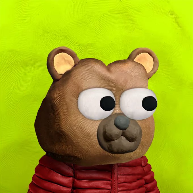 A clay sculpture of a brown bear with wide, mismatched eyes and a red puffer jacket sits against a bright green background. The chunky, handmade aesthetic reflects the post's message about a "clay" movement sweeping through crypto, where users are swapping their polished digital PFPs for intentionally rough, crafted avatars.
