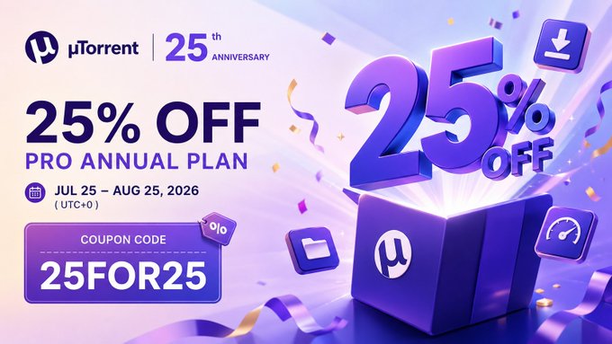 A promotional graphic celebrating μTorrent's 25th anniversary, featuring a purple gift box with the "μ" logo emerging "25% OFF" along with confetti, advertising 25% off the Pro Annual Plan with coupon code "25FOR25" valid from July 25 to August 25, 2026 (UTC+0). The image visually reinforces the post's theme by highlighting a short-term discount while the milestone anniversary subtly underscores the platform's long-term value and longevity in the technology space.