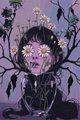 A dark, stylized digital illustration of a character with long black hair surrounded by floating white masks and purple flowers.