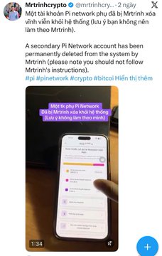 The image shows a screenshot of a cell phone displaying some content related to a Twitter account. There is text on the screen talking about deleting an account on a network named Pi. This includes instructions for doing so, and mentions that the account has been permanently deleted from the system by using a certain note or message provided in the tweet. At the bottom of the image, there is also some text that seems unrelated to the main content displayed on the cell phone screen. The focus should be on the cell phone's display and the Twitter post discussing deleting an account named Pi.