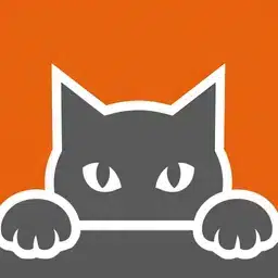 A stylized gray cartoon cat with white outlines peers over a wall on an orange background.