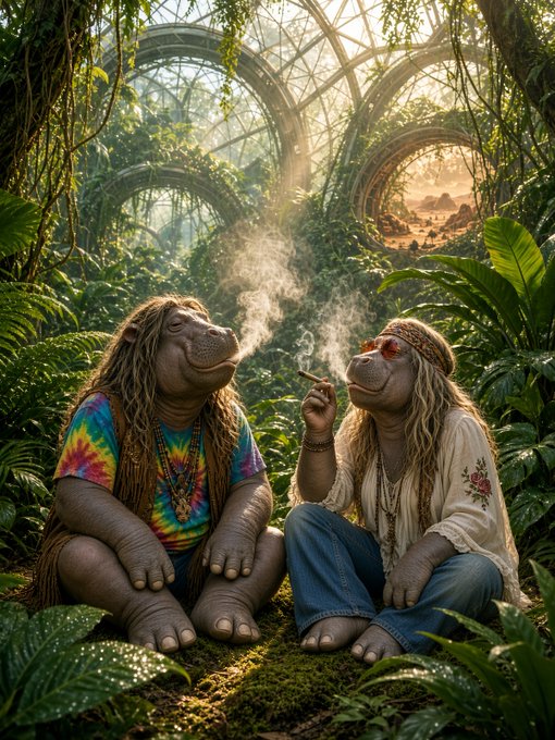 A whimsical fantasy illustration of two anthropomorphic creatures with dreadlocks sitting in a lush, overgrown glass greenhouse; one wears a tie-dye shirt and smokes, while the other wears sunglasses and jeans.