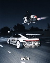 Action shot of a white race car speeding on a track with "1WIN" branding, while an anime-style character rides a rocket with an American flag in the night sky above.