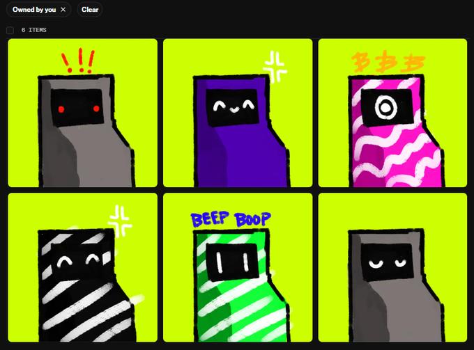 A digital illustration showing a grid of six stylized, colorful floppy disk characters with various faces and text like 'BEEP BOOP'.