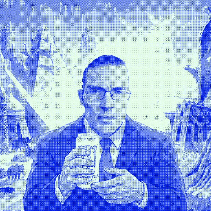 A blue and white halftone-style illustrated portrait of a man in glasses and a suit holding a carton labeled 'MILK'.