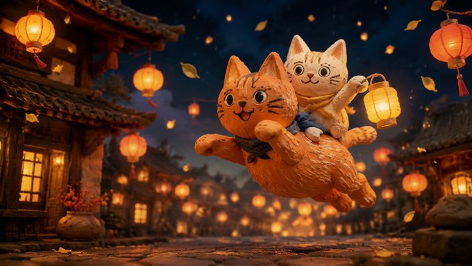 A whimsical 3D-rendered scene of two cute cats—one orange and one white—flying through a lantern-lit traditional Asian village at night.
