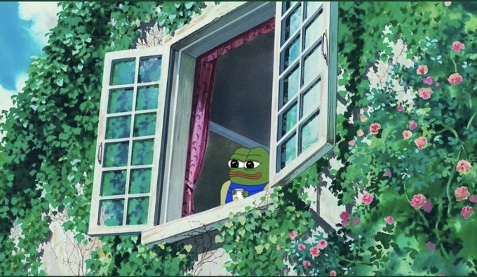 An anime-style illustration shows an angry Pepe the Frog looking out from an open window surrounded by green ivy and pink flowers.