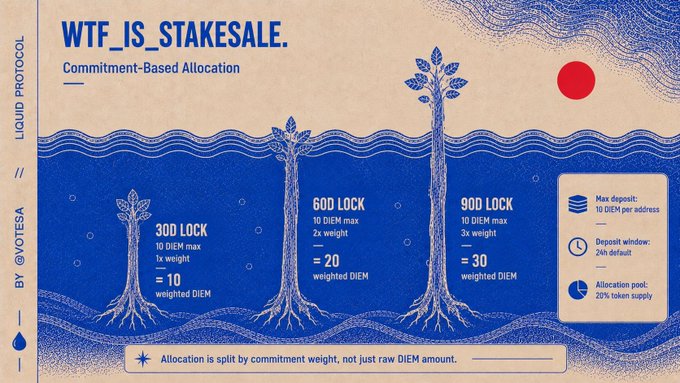 The image shows a blue and white poster with three trees growing out of water, each representing a different stakeale. The first tree has a weight of 300, the second one has a weight of 10,000, and the third one has a weight of 20. The poster also includes information about token-based allocation, which is the opposite of conventional stakeale allocation. It suggests that tokens are used to allocate stakeales, with the person who receives the most tokens being allocated the stakeale they want.