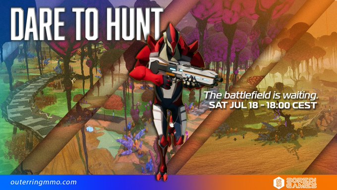 A promotional graphic for "Outerring MMO" by World Games featuring a red and white armored character wielding a futuristic rifle against a colorful alien forest backdrop, with bold text reading "DARE TO HUNT" and event details "The battlefield is waiting. SAT JUL 18 - 18:00 CEST," matching the accompanying post announcing the upcoming Hunt event in the Caustic Fen.