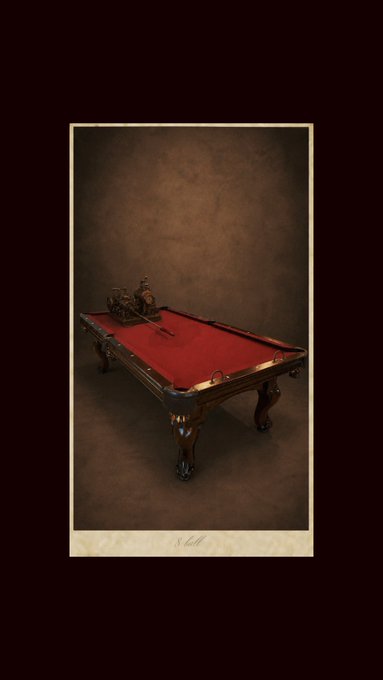 An artistic, vintage-style photograph of a wooden pool table with red felt and ornate legs, set against a dark, moody background in sepia-toned framing.