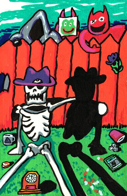 A colorful, surreal painting depicting a skeleton in a purple hat sitting next to a black silhouette figure under a red fence, with various whimsical characters and objects scattered in the scene.