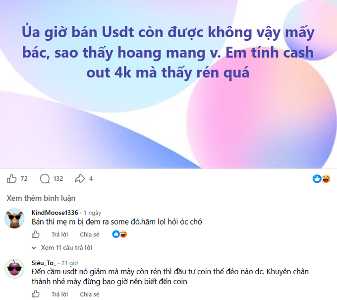 A Vietnamese Facebook post asking if now is a good time to sell USDT, mentioning plans to cash out 4k, with two user comments below.