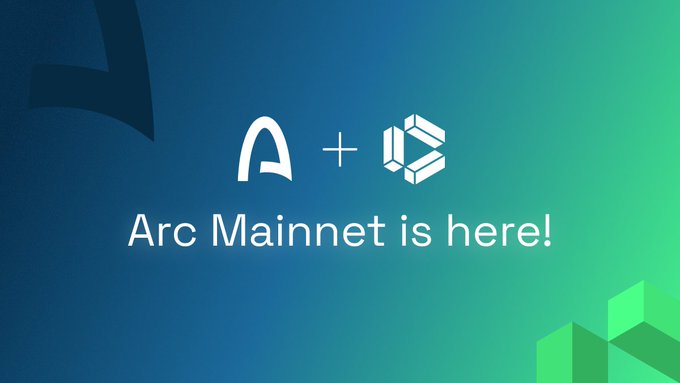 A graphic with a blue-to-green gradient background displaying logos and the text 'Arc Mainnet is here!'