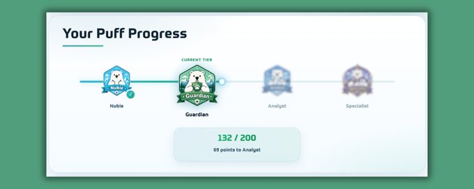 A "Your Puff Progress" tier chart highlights "Guardian" at 132/200 points, with 69 points to reach the Analyst tier, featuring badges from Nobie through Specialist.