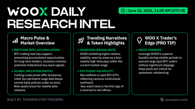 The image features a black background with white text that reads "WooX Daily Research Intel" at the top, followed by three bullet points discussing the WOO X daily research intel for June 15, 2016, 13:00-8 am UTC. The text also includes the names of some of the topics covered in the research, such as "Global Market Overview", "Macro Pulse & Market Trends", and "DOGE".