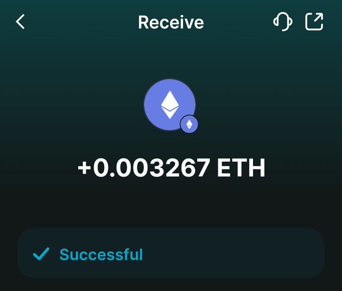 A crypto wallet 'Receive' confirmation screen showing a successful Ethereum transaction of +0.003267 ETH with the ETH logo.