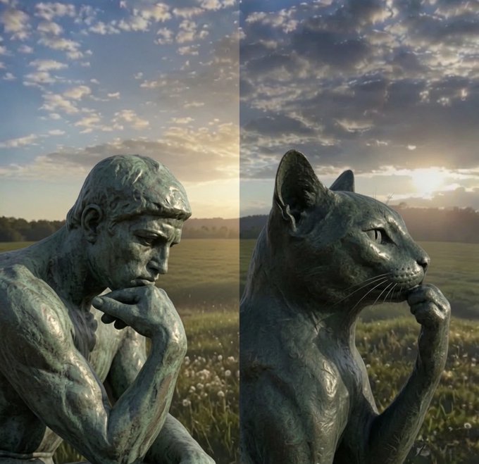 A split-screen image showing a bronze statue of 'The Thinker' on the left and a similar pose rendered as a bronze cat on the right, both set against a sunset field background.