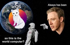 A humorous internet meme depicting an astronaut and a man looking at Earth, which is labeled 'iOS,' with the caption 'so this is the world computer?' and a top-right label reading 'Always has been'.