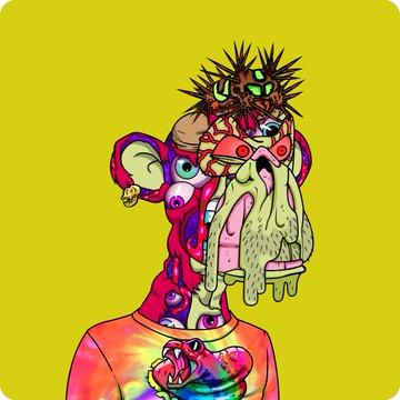 A vibrant, surreal cartoon illustration featuring a spiky-haired creature with glowing green eyes sitting atop a melting, multi-eyed pink and red figure against a bright yellow background.