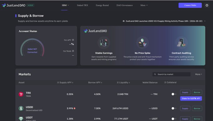 The image shows the screenshot from the JustLend DAO dashboard that displays the lending platform's interface. It provides users with options for borrowing, lending, depositing assets, and earning interest, all within a fully decentralized financial system. The post related to this image talks about "JustLend DAO - The Core Lending Infrastructure of TRON DeFi JustLend DAO is the first official lending platform on TRON" which highlights that this lending platform has been incorporated into the TRON DeFi ecosystem, providing users with various lending features and services.
