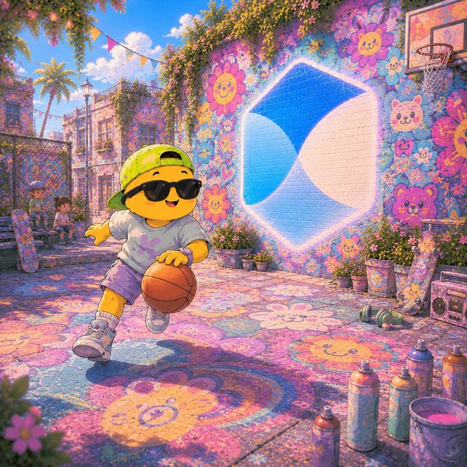 A vibrant 3D illustration of a yellow emoji-like character wearing sunglasses and a cap playing basketball in a colorful urban court decorated with floral graffiti, with a large blue logo in the background.