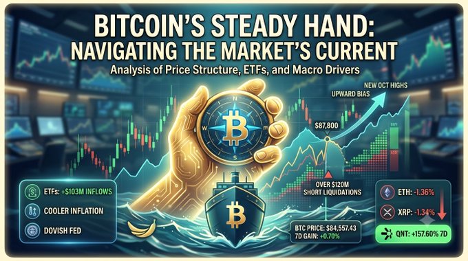 A Bitcoin market analysis graphic titled 'BITCOIN'S STEADY HAND: NAVIGATING THE MARKET'S CURRENT' featuring price charts, with notes on ETFs (+$103M INFLOWS), BTC PRICE: $84,557.43, and a 7D GAIN: +0.70%.