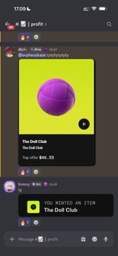 A user posts in the "profit" group asking "Cooking again with @StressCapitals  Gas fee capital (FREE) turns into 40-50 USD  When else in this economy can you just join a raffle and score dollars  NFT is the best place for compounding, especially with monetizing that blue check that's getting tough." Beneath it, the bot "tenrfr" promotes a yellow-toned NFT raffle featuring a purple ball labeled "The Doll Club - The Doll Club - Top offer: $49.23," which ties into the post's pitch about turning free gas-fee raffle entries into real dollar payouts.