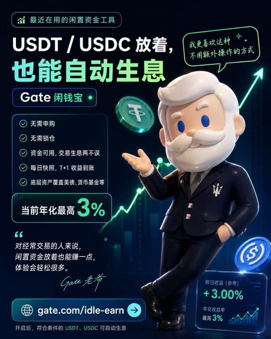 A Chinese advertisement for Gate.io's idle funds product featuring a 3D character mascot, promoting up to 3% annual yield for USDT/USDC holdings with text 'Gate 闲钱宝'.