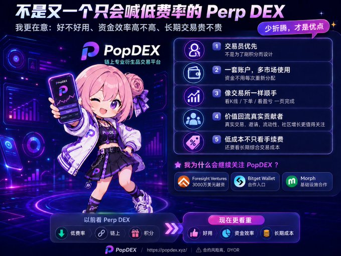 The image is a promotional banner for **PopDEX**, a perpetual DEX, featuring an anime-style pink-haired character holding a phone displaying the PopDEX logo. The Chinese text emphasizes PopDEX's focus on usability, capital efficiency, and long-term trading costs rather than just low fees, highlighting features like one-click K-line/trading, cross-margin support, and low hidden costs, with backing from **Foresight Ventures, Bitget Wallet, and Morph**. It aligns with the post by visually reinforcing the message that PopDEX stands out from typical "low-fee" Perp DEXs by prioritizing substance over superficial incentives.