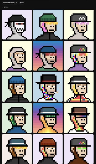 A grid of 15 pixel-art character avatars from the 'Internet Monkes' collection, each wearing various hats and outfits with colorful accessories.