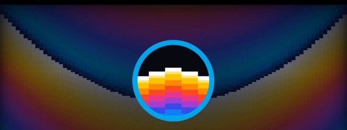 A pixel-art style logo featuring a colorful equalizer/audio bars design (orange, yellow, red, and purple) inside a blue circle, set against a dark gradient background.