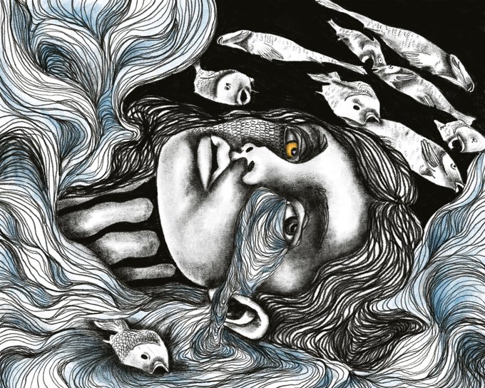 The image features a black and white illustration of a woman's face with her eyes closed, surrounded by fish swimming around her head. The fish are positioned at various angles, creating an impression that they are swimming towards or away from the woman. The background is dark blue, providing contrast to the white hair on the woman's head. The image also includes text elements such as "What the ocean couldn't digest 1/1 #ELSEWHERE objkt.com/tokens/KT1RAzT".