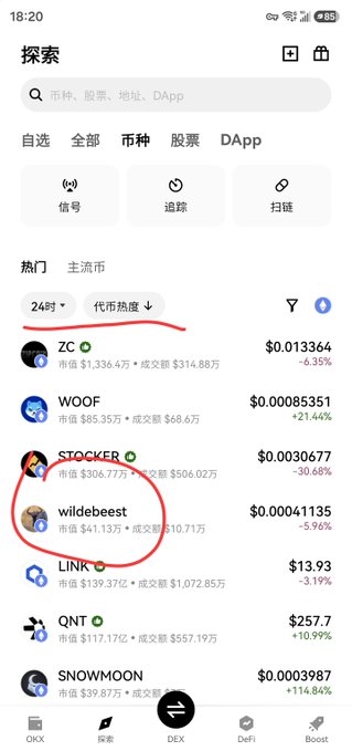 A screenshot of a cryptocurrency exchange app's explore page showing trending tokens like ZC, WOOF, STOCKER, with the 'wildebeest' token circled in red showing a price of $0.0041135 with -5.96% change.