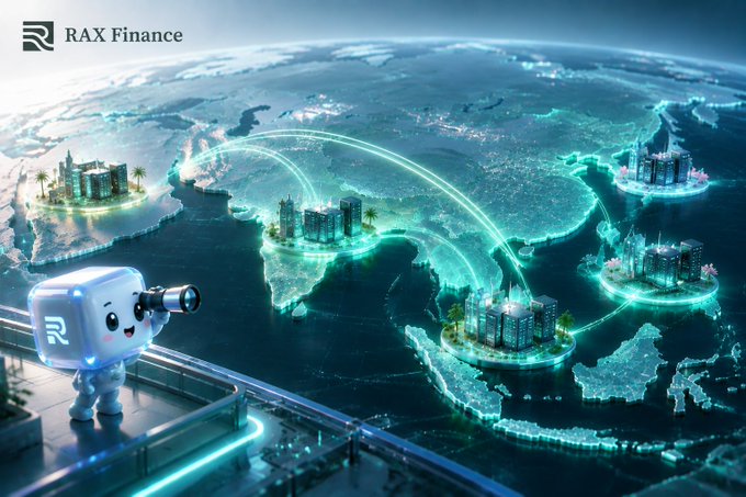 A promotional image for RAX Finance featuring a cute robot character with a telescope overlooking a stylized 3D world map with interconnected glowing nodes representing cities or financial hubs.