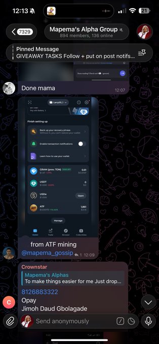 A Telegram chat screenshot from "Mapema's Alpha Group" (894 members) shows a pinned message about "GIVEAWAY TASKS," a user confirming completion with "Done mama," and a Larkovik app screenshot displaying cryptocurrency holdings including GRAM, USDT, VEXAN, and ATF, followed by a message from @mapema_gossip with contact info "8126883322" for "Mapema's Alphas."