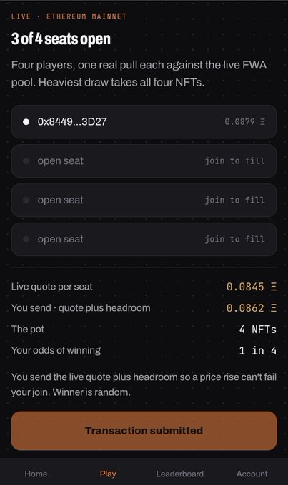 A mobile app interface for an Ethereum mainnet NFT game showing '3 of 4 seats open' with a pot of 4 NFTs, live quote of 0.0845, and a 'Transaction submitted' confirmation.